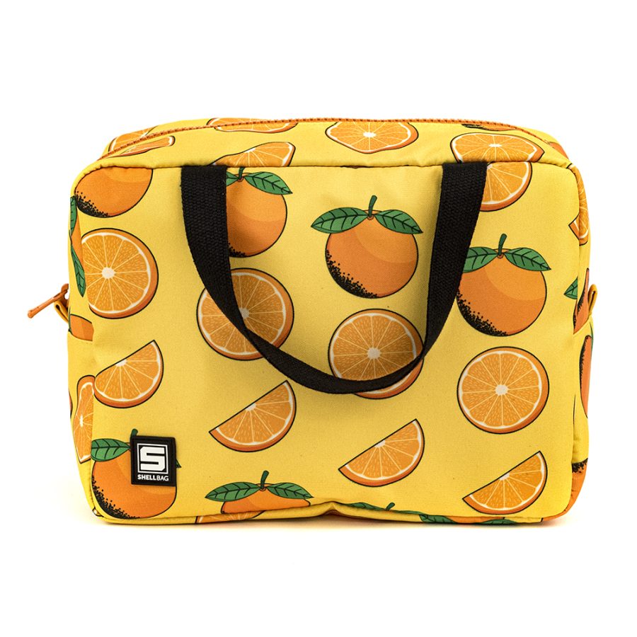 Żółta torba śniadaniowa dla dzieci z wzorem w pomarańcze